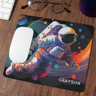 Colourful Modern Astronaut Space Personalised Name Mouse Pad