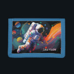 Colourful Modern Astronaut Space Personalised Name Trifold Wallet<br><div class="desc">Colourful Modern Astronaut Space Personalised Name Mens Wallets features an astronaut floating though outer space with colourful planets and swishes and personalised with your name in modern script typography. Perfect as a gift for space lovers, family and friends for birthday, Christmas, holidays, Father's Day, brother, husband, partner, best friends, work...</div>