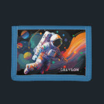 Colourful Modern Astronaut Space Personalised Name Trifold Wallet<br><div class="desc">Colourful Modern Astronaut Space Personalised Name Mens Wallets features an astronaut floating though outer space with colourful planets and swishes and personalised with your name in modern script typography. Perfect as a gift for space lovers, family and friends for birthday, Christmas, holidays, Father's Day, brother, husband, partner, best friends, work...</div>