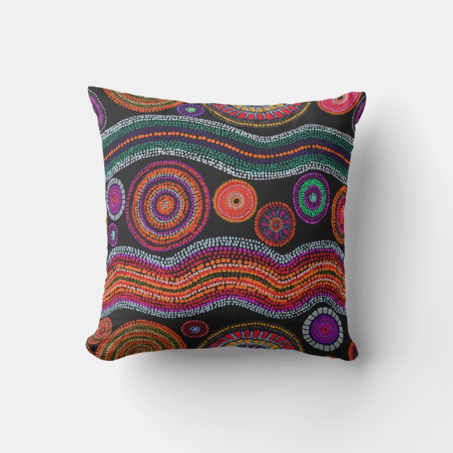 Colourful Modern Australian Dot Art Tribal Pattern Cushion (Front)