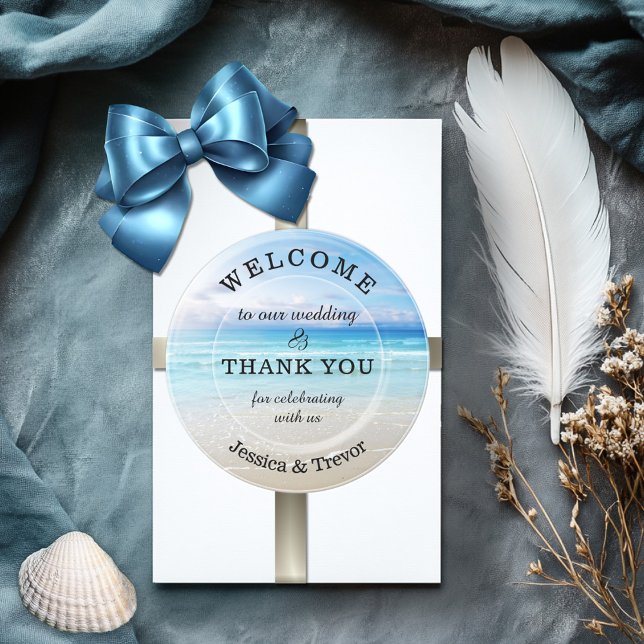 Colourful Modern Beach Wedding Thank You  Classic Round Sticker (Round sticker featuring a colorful beach - beach or destination wedding favor)
