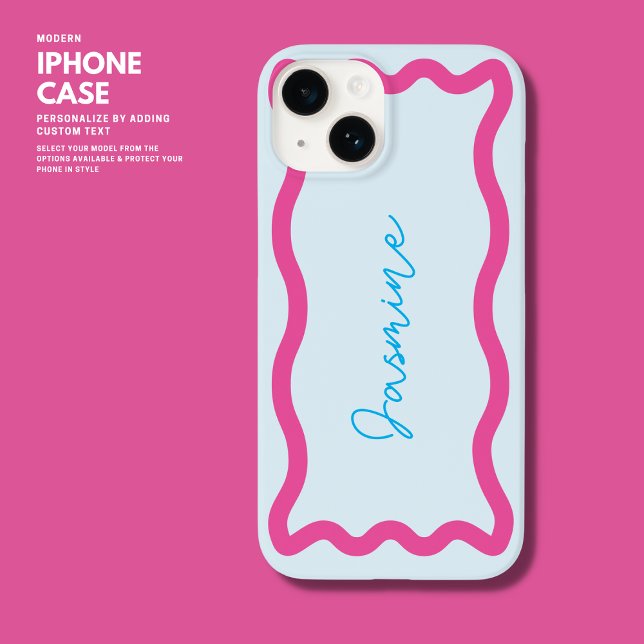 Colourful Modern Blue and Pink Monogram Wavy Edge Case-Mate iPhone Case (Creator Uploaded)