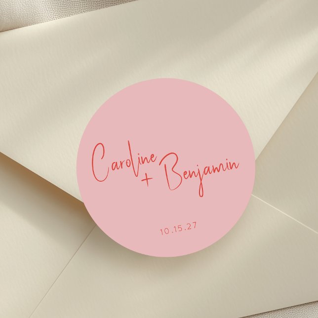 Colourful Modern Boho Pink Red Script Wedding Classic Round Sticker (Creator Uploaded)