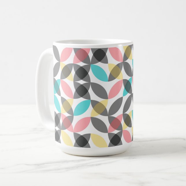 Colourful, modern, cheerful circular geometric coffee mug (Front Left)