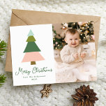 Colourful Modern Christmas Tree Photo Holiday Card<br><div class="desc">Modern photo Christmas card featuring an illustration of a Christmas tree in shades of green and blush pink. "Merry Christmas" is displayed in a whimsical green script with your name and year shown below. Personalise the card by adding your favourite vertical photo. The card reverses to display a blush pink...</div>