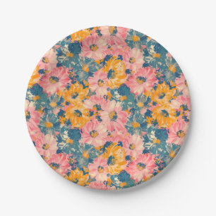 Colourful Modern Flowers Floral Pattern Paper Plate