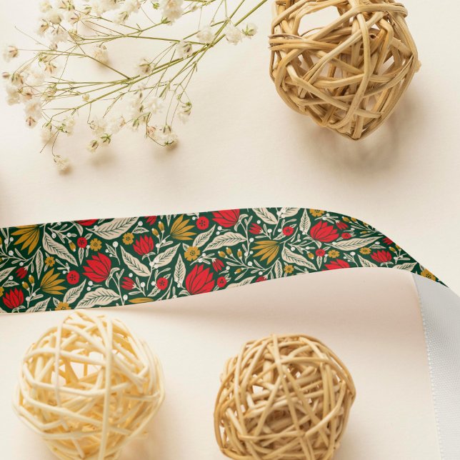 Colourful Modern Folk Art Floral Christmas Holiday Satin Ribbon (Creator Uploaded)