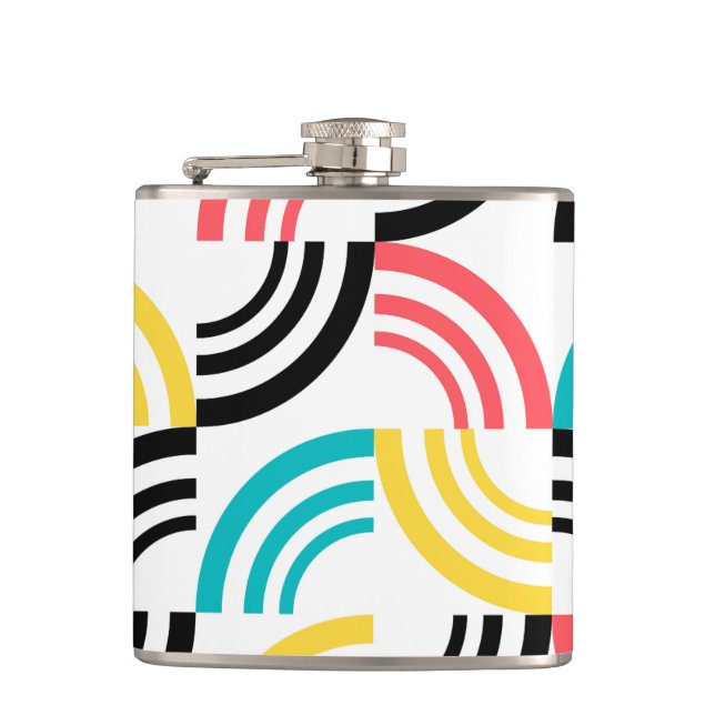 Colourful, modern, fun, cheerful geometric graphic hip flask (Front)
