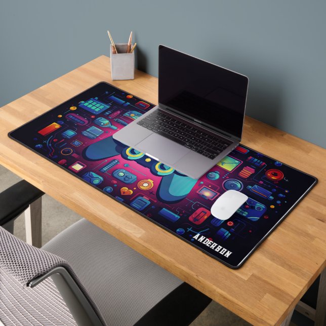 Colourful Modern gaming Space Personalised Name  Desk Mat (Office 2)