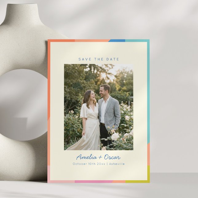 Colourful Modern Geometric Border Photo Wedding Save The Date (Creator Uploaded)