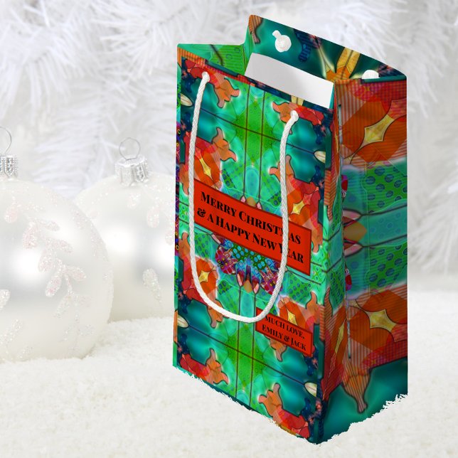 Colourful Modern Geometric Watercolor Pattern Small Gift Bag (Gift bag showing a modern abstract geometric design in a watercolor style in seasonal green and red)