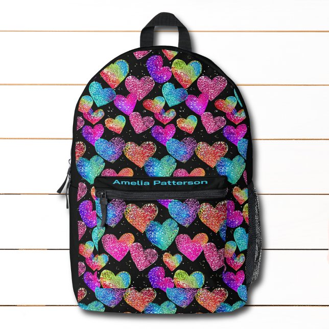 Colourful Modern Girly Glitter Hearts Personalised Printed Backpack (Creator Uploaded)