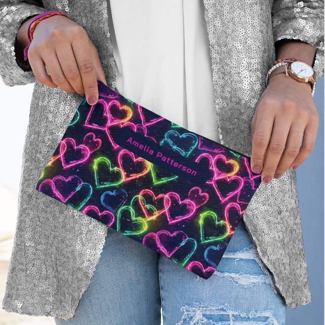 Colourful Modern Girly Neon Love Heart Personalise Accessory Pouch (Creator Uploaded)