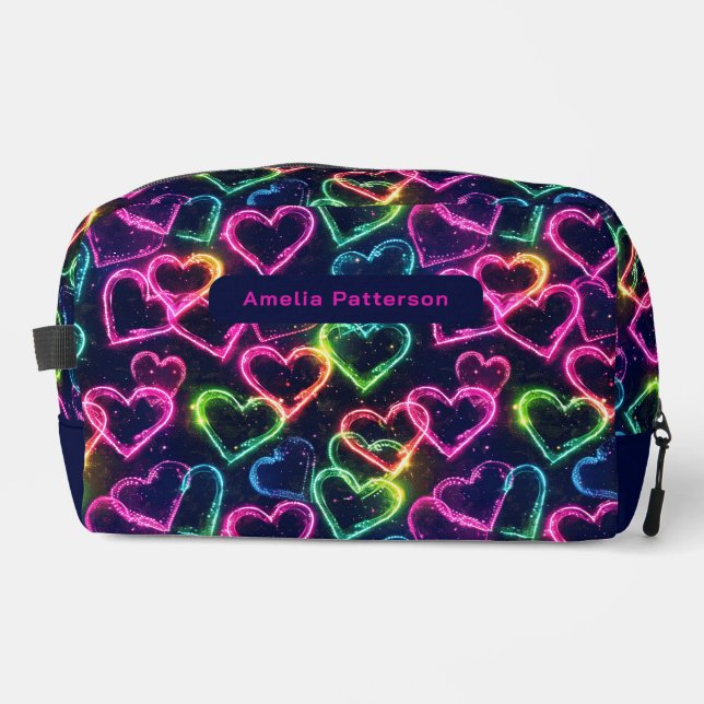 Colourful Modern Girly Neon Love Heart Personalise Dopp Kit (Front)