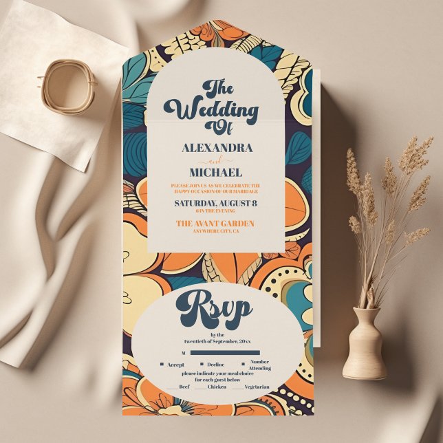 Colourful Modern Groovy Retro 70s Floral Wedding All In One Invitation (Creator Uploaded)