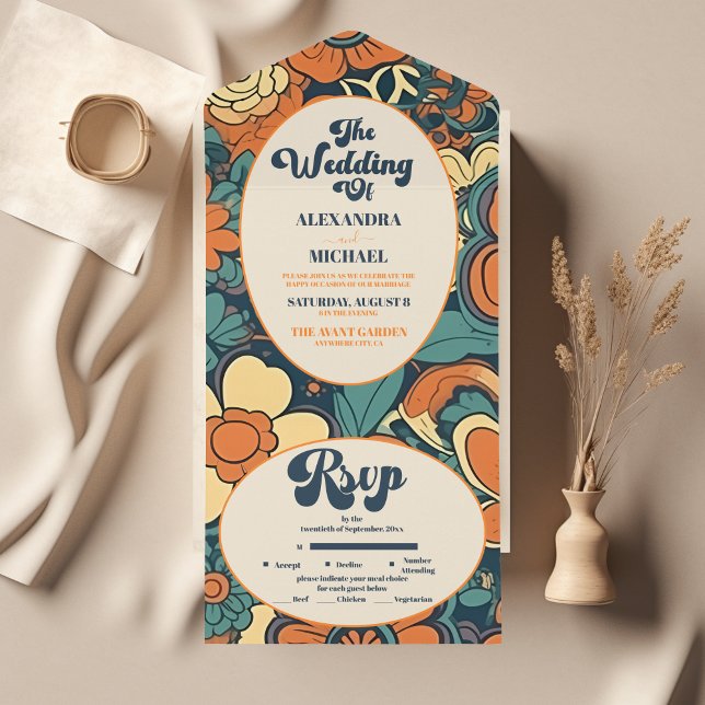 Colourful Modern Groovy Retro 70s Floral Wedding All In One Invitation (Creator Uploaded)