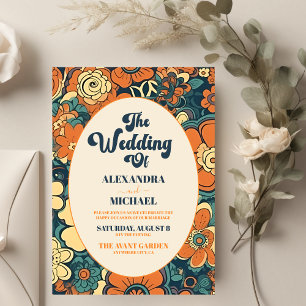 Colourful Modern Groovy Retro 70s Floral Wedding Invitation