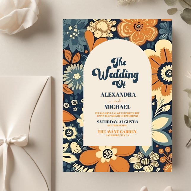 Colourful Modern Groovy Retro 70s Floral Wedding Invitation (Creator Uploaded)