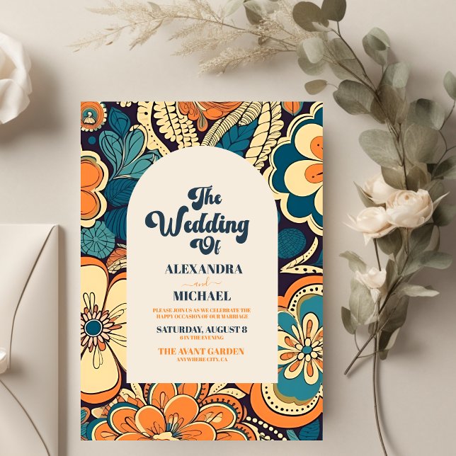 Colourful Modern Groovy Retro 70s Floral Wedding Invitation (Creator Uploaded)