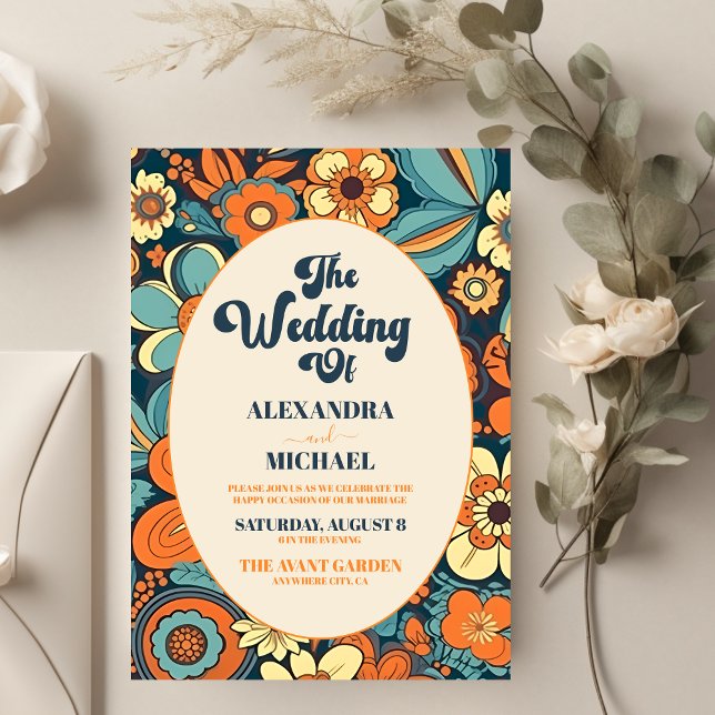 Colourful Modern Groovy Retro 70s Floral Wedding Invitation (Creator Uploaded)
