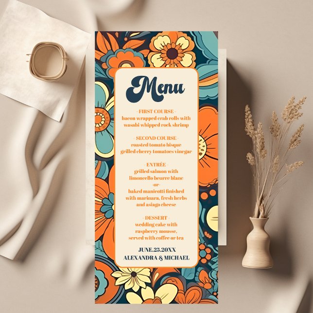 Colourful Modern Groovy Retro 70s Floral Wedding Menu (Creator Uploaded)