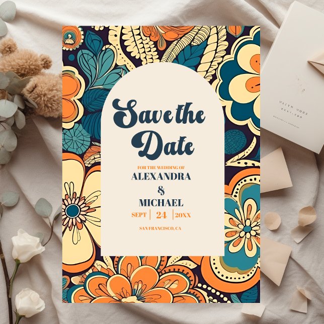 Colourful Modern Groovy Retro 70s Floral Wedding Save The Date (Creator Uploaded)