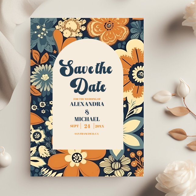Colourful Modern Groovy Retro 70s Floral Wedding Save The Date (Creator Uploaded)
