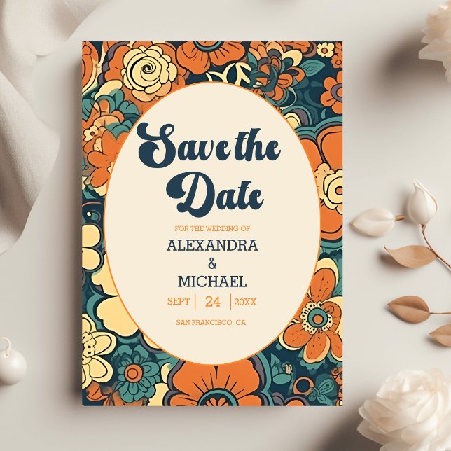 Colourful Modern Groovy Retro 70s Floral Wedding Save The Date (Creator Uploaded)