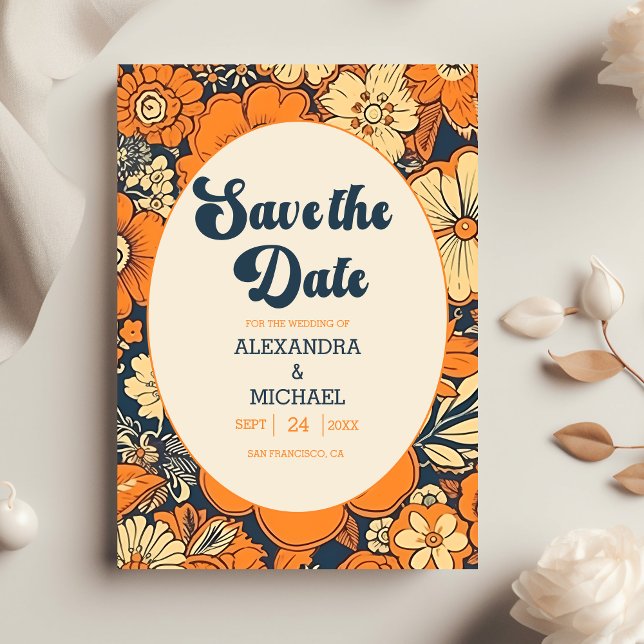 Colourful Modern Groovy Retro 70s Floral Wedding Save The Date (Creator Uploaded)
