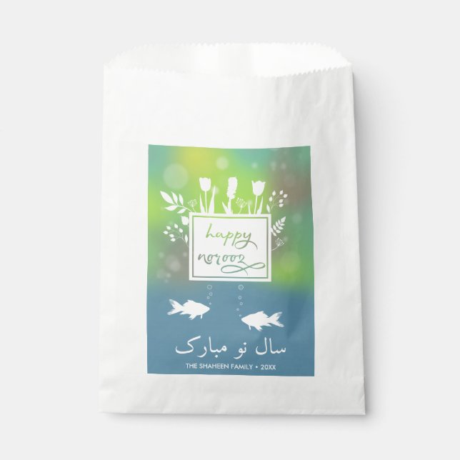 Colourful Modern Happy Norooz Letters Fish Flowers Favour Bag (Front)
