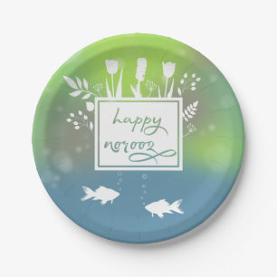 Colourful Modern Happy Norooz Letters Fish Flowers Paper Plate