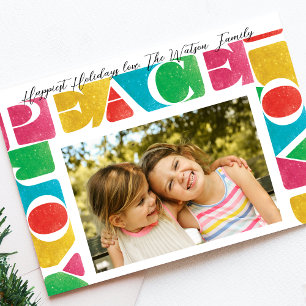 colourful modern LOVE PEACE JOY one photo frame Holiday Card