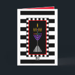 Colourful Modern Menorah Greeting Card<br><div class="desc">A very colourful and modern menorah is superimposed over bold black and white stripes.  Interior card reads "Shabbat Shalom!" and is bordered and coordinated for your writing pleasure.  ~ karyn</div>