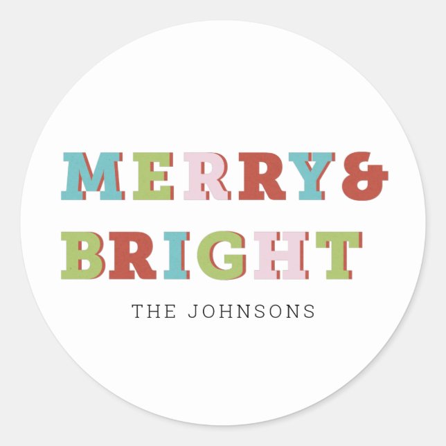 Colourful Modern Merry & Bright Christmas Classic Round Sticker (Front)