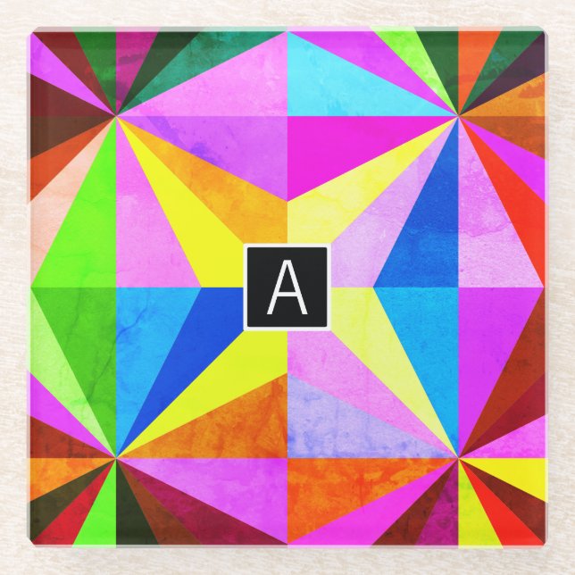 Colourful Modern Multi-Coloured Geometric | Monogr Glass Coaster (Front)
