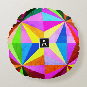 Colourful Modern Multi-Coloured Geometric   Monogr Round Cushion