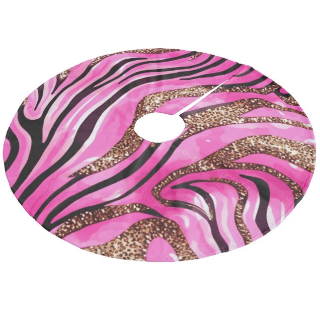 Colourful Modern Pink Glitter Tiger Stripes Patter Fleece Tree Skirt (Angled)
