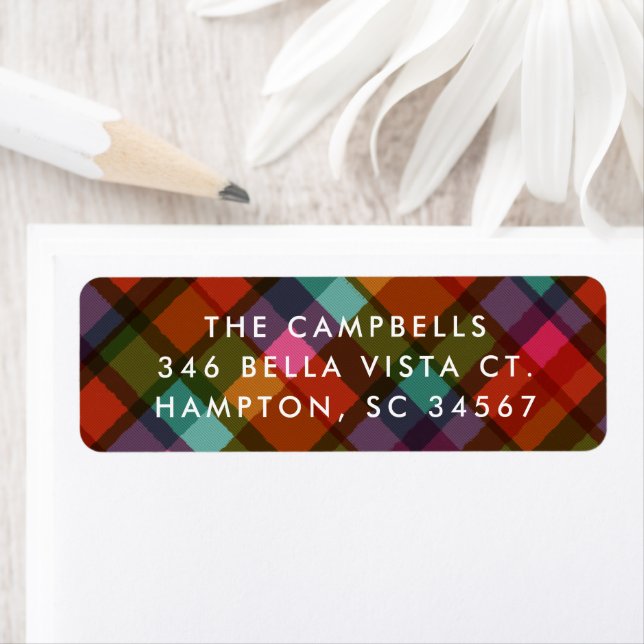 Colourful Modern Plaid Christmas Return Address Label (Insitu)