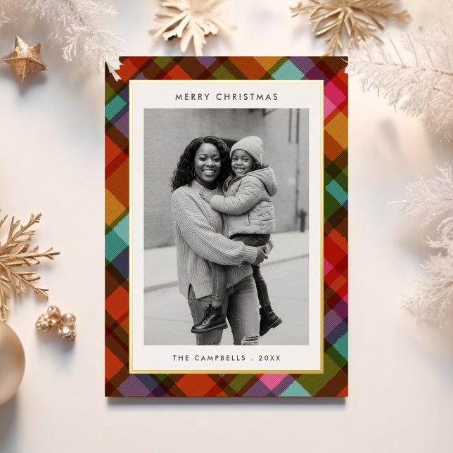 Colourful Modern Plaid Photo Christmas Foil Holiday Card (Creator Uploaded)