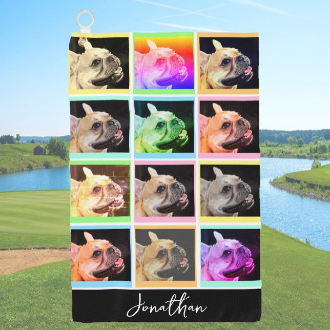 Colourful Modern Portrait Grid Custom Name Golf Towel (Creator Uploaded)