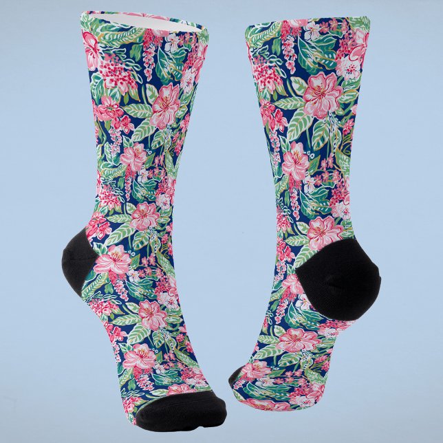 Colourful Modern Preppy Tropical Floral Pattern Socks (Creator Uploaded)