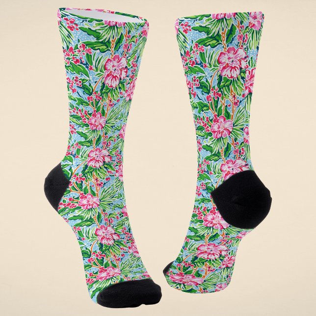 Colourful Modern Preppy Tropical Floral Pattern Socks (Creator Uploaded)