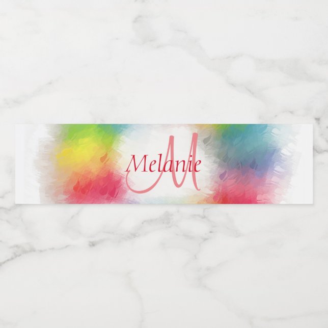 Colourful Modern Rainbow Abstract Monogram Templat Water Bottle Label (Single Label)