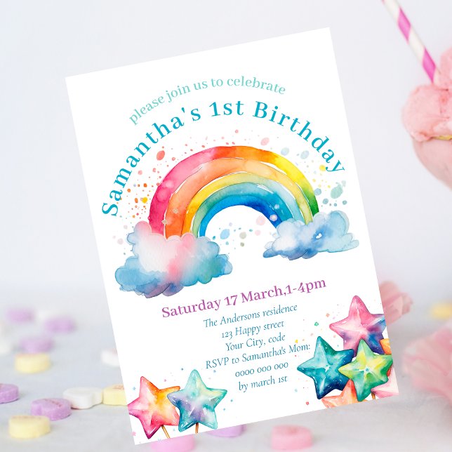 Colourful Modern Rainbow Girly Birthday Invitation (Creator Uploaded)