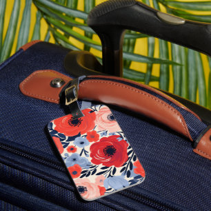 Colourful Modern Red White Blue Watercolor Floral Luggage Tag