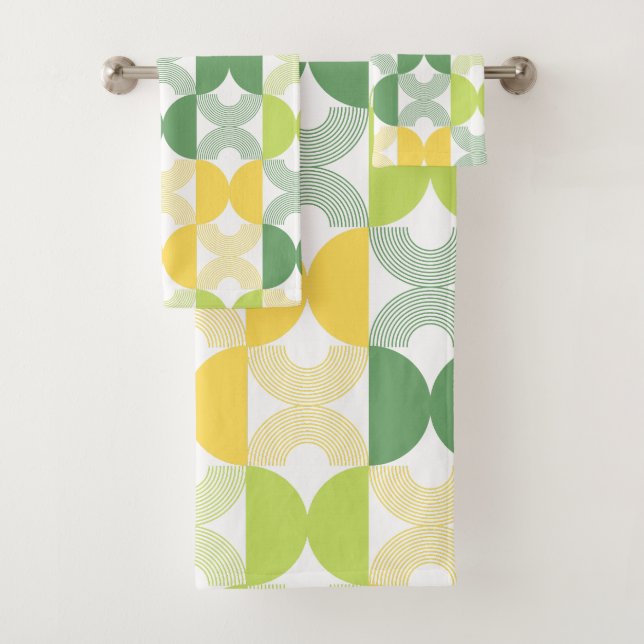 Colourful Modern retro 1950s Line art green yellow Bath Towel Set (Insitu)