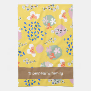 Colourful modern retro flower pattern with name tea towel