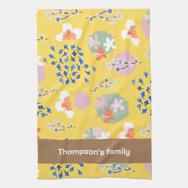 Colourful modern retro flower pattern with name tea towel (Vertical)