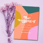 Colourful Modern Retro Wedding QR Code Back Invitation<br><div class="desc">This colourful, stylish wedding invitation features a modern, hand drawn geometric design in dark teal blue, coral orange, peach, golden yellow, and light lilac pink / purple. Retro styled typography adds a fun touch! The back contains a QR code template for directing guests to your wedding website. Customise or delete...</div>