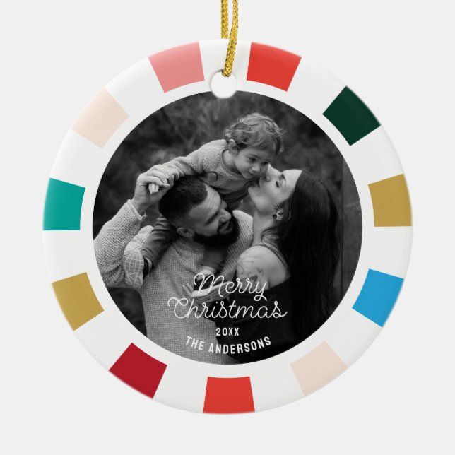 Colourful Modern Script One Photo Holiday  Ceramic Ornament (Front)